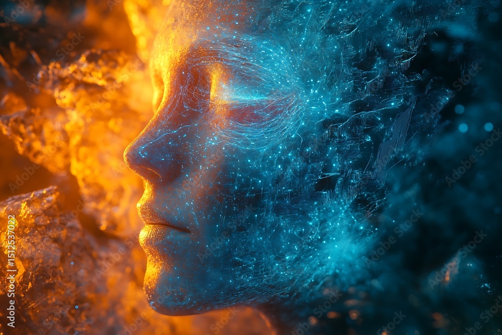 Poster futuristic brain network formed with crystalline structures and holographic data pulses, ambient sci