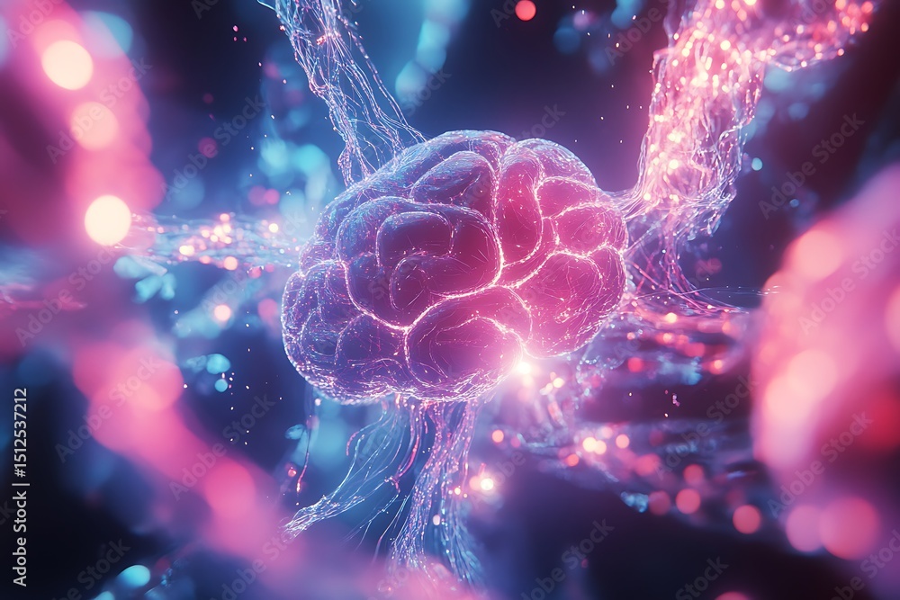 Poster futuristic brain network formed with crystalline structures and holographic data pulses, ambient sci
