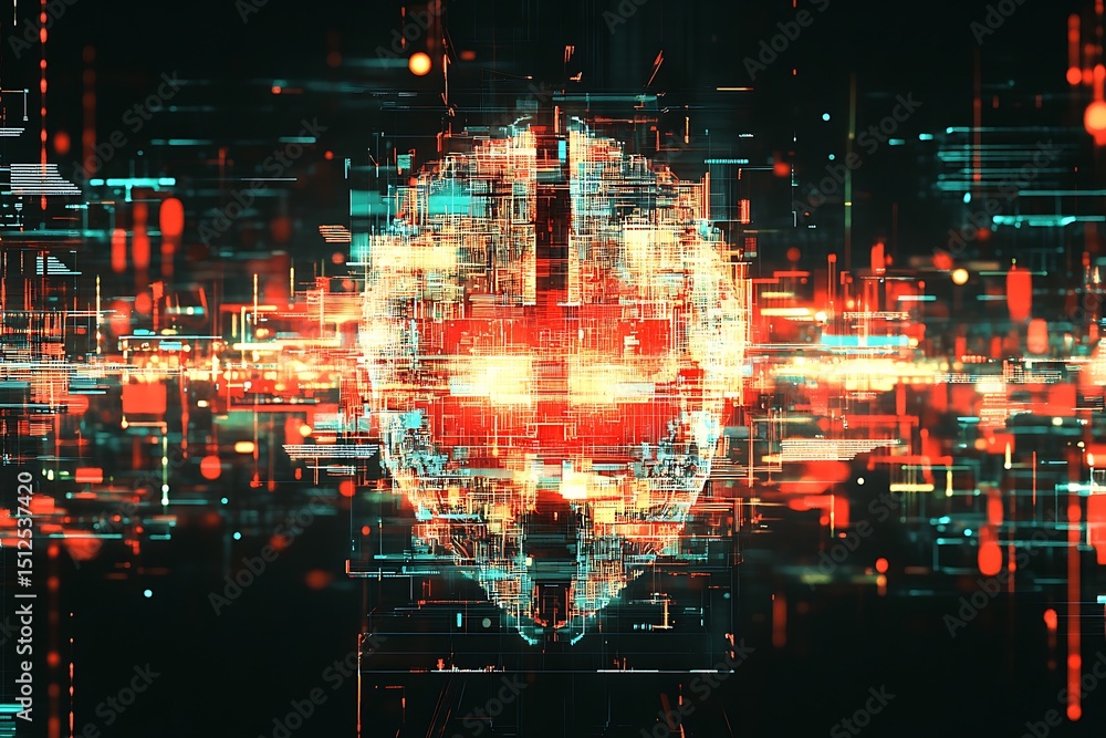 Poster glitch-inspired ai brain schematic, pixelated patterns and fragmented glowing wires, abstract cyber 