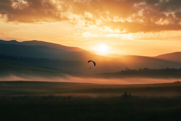 Obraz premium Paraglider Silhouette Flying Over Misty Landscape at Sunrise. Generative AI