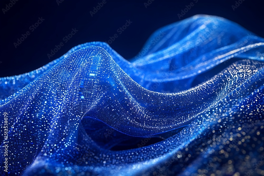 Poster hyper-detailed neural web composed of translucent glowing threads and microchips, deep blue backgrou