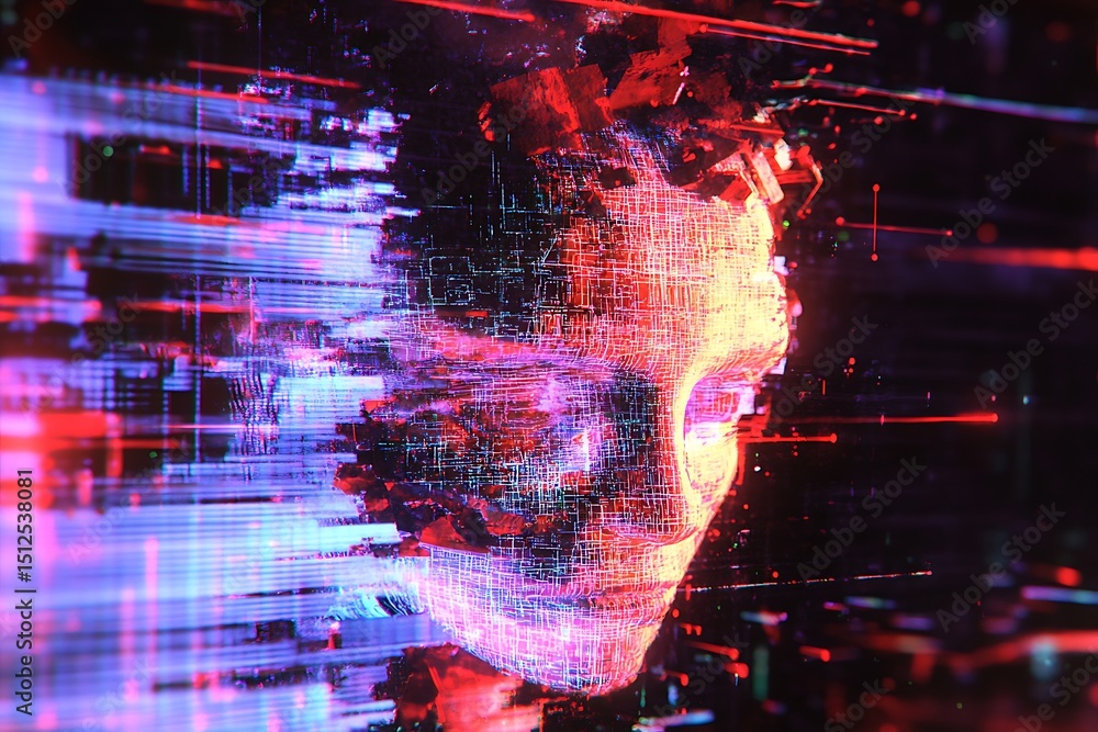 Poster glitch-inspired ai brain schematic, pixelated patterns and fragmented glowing wires, abstract cyber 