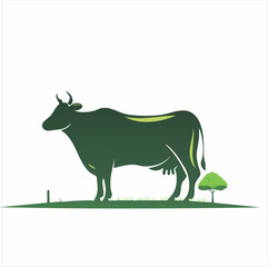 Minimalist Green Silhouette Cow Illustration on Grass Field with Tree