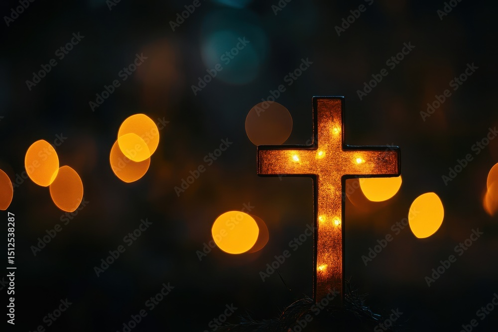 Poster silhouette of a cross illuminated by soft bokeh lights during a serene night setting creates a calmi