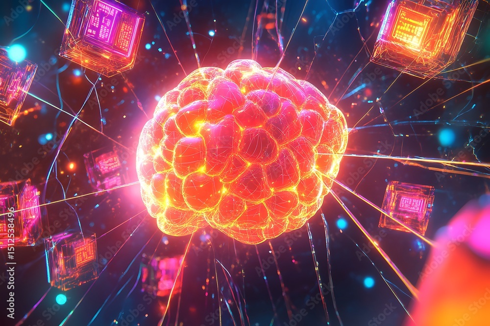 Poster illuminated ai brain core surrounded by floating data cubes and radiant connecting filaments, virtua