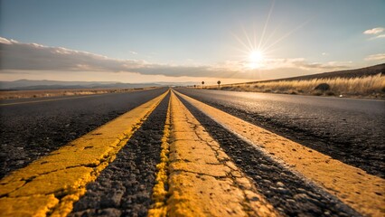 Journey Ahead: The open road stretches towards a brilliant sun. The road, marked with crisp yellow lines, promises new adventures and endless possibilities.