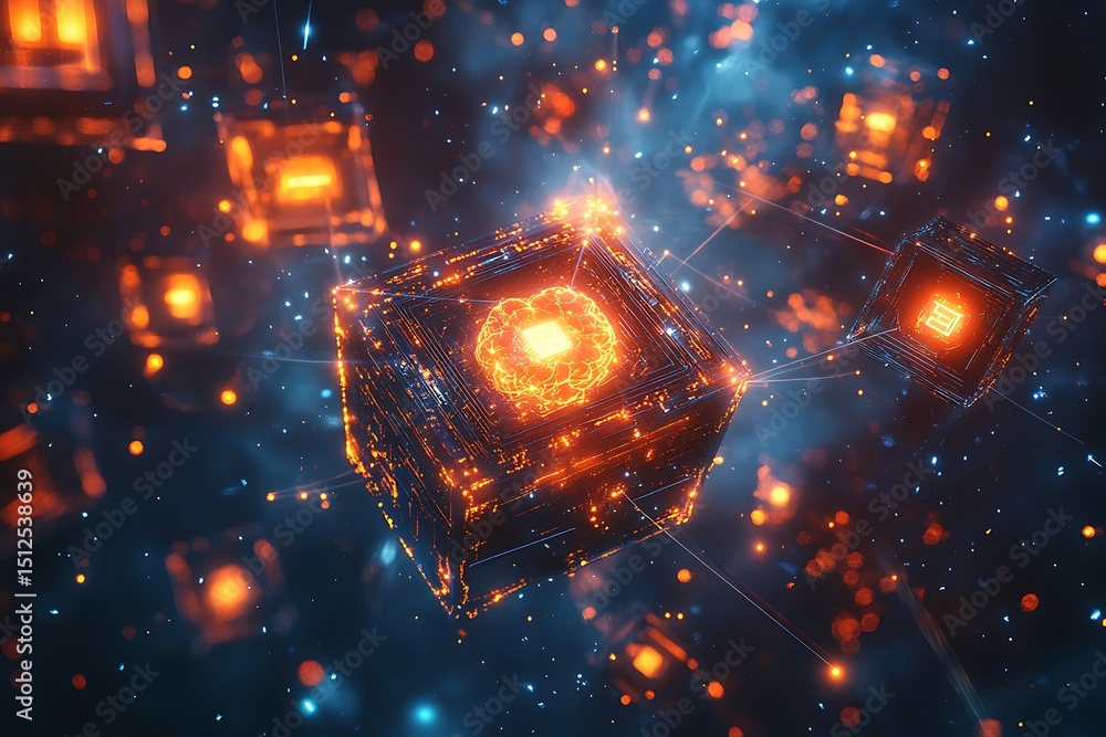 Poster illuminated ai brain core surrounded by floating data cubes and radiant connecting filaments, virtua