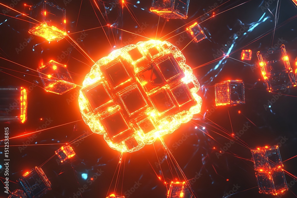 Poster illuminated ai brain core surrounded by floating data cubes and radiant connecting filaments, virtua