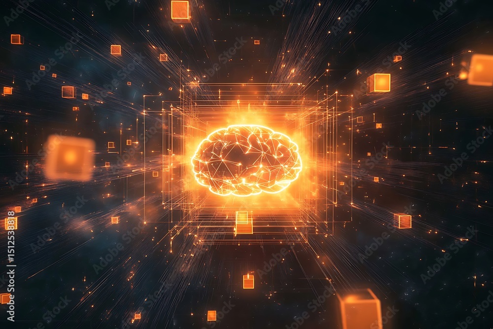 Poster illuminated ai brain core surrounded by floating data cubes and radiant connecting filaments, virtua