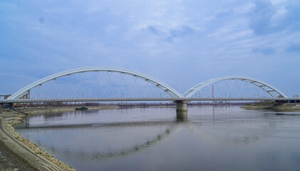 Zezelj bridge, a tied-arch bridge on Danube river in Novi Sad, Vojvodina, Serbia. This structure was opened in 2018. 
