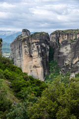 ancient churches in the remote mountains of the Meteora Valley in Greece on a May day