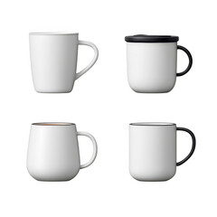 Four white mugs isolated on transparent background