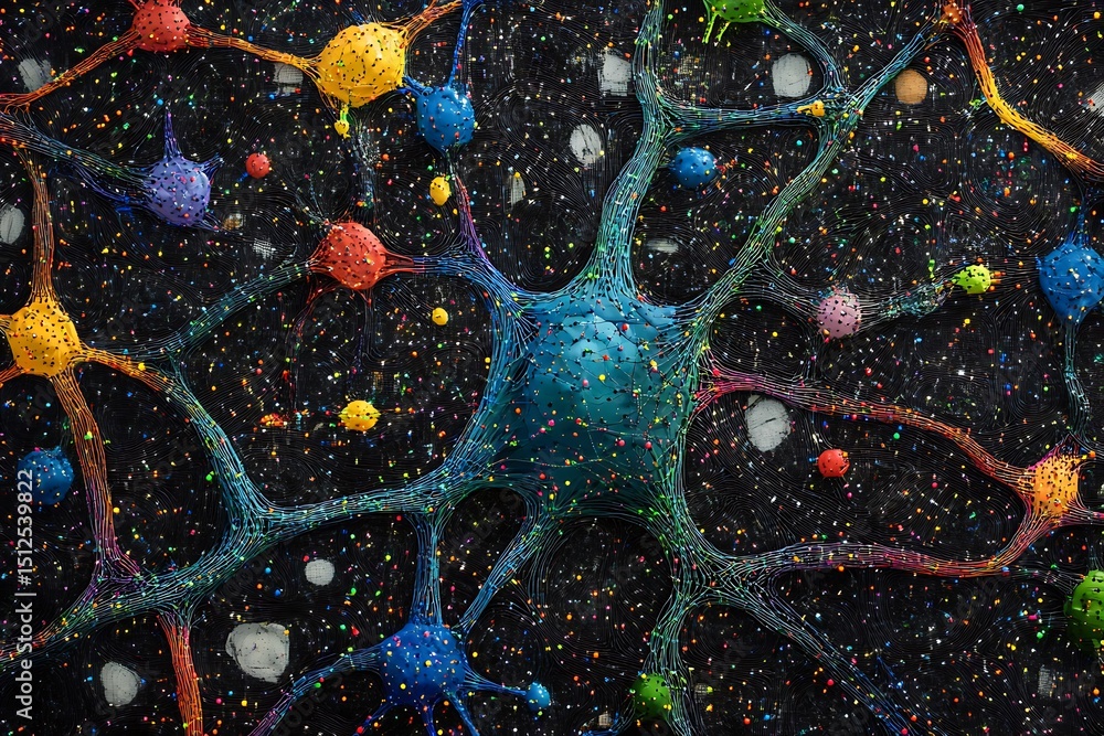 Poster kaleidoscopic neural network with colorful interwoven pathways and shimmering dots forming an ai bra