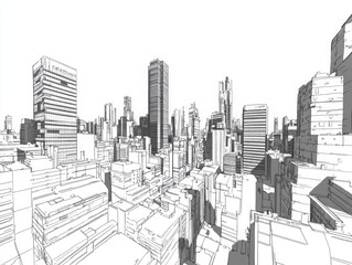 Digital Wide Angle Sketch Of Tall Buildings with White Background