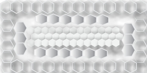  A modern abstract geometric background featuring an arrangement of light gray and white hexagons with varying shades and soft drop shadows, creating a three-dimensional effect.