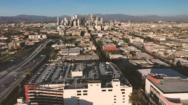 4K drone Video of downtown Los Angeles during sunset as a stablishing shot 4K