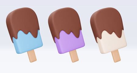 Set Ice cream with chokolate glaze, icon, 3d render. Design elements. Realistic fast food icon. Sweet food. Vector illustration isolated on white for menu, shop, flyer, banner, web, adv, sale