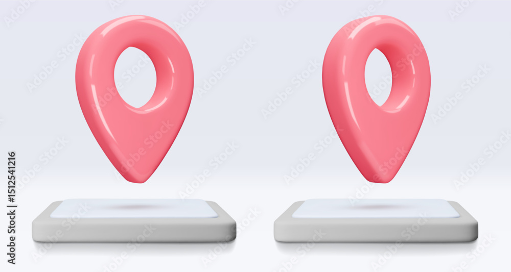 Poster set red location pointer om tablet, placemark, marker of map, navigation pin sign. 3d gps icon with 