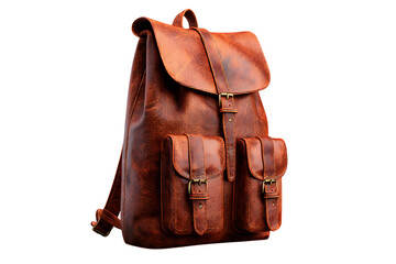 Vintage Leather Backpack with Two Pockets on Transparent Background Isolated for Designers