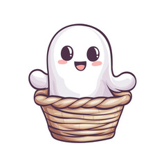 Fototapeta premium Adorable cartoon ghost in a wicker basket perfect for halloween and spooky celebrations