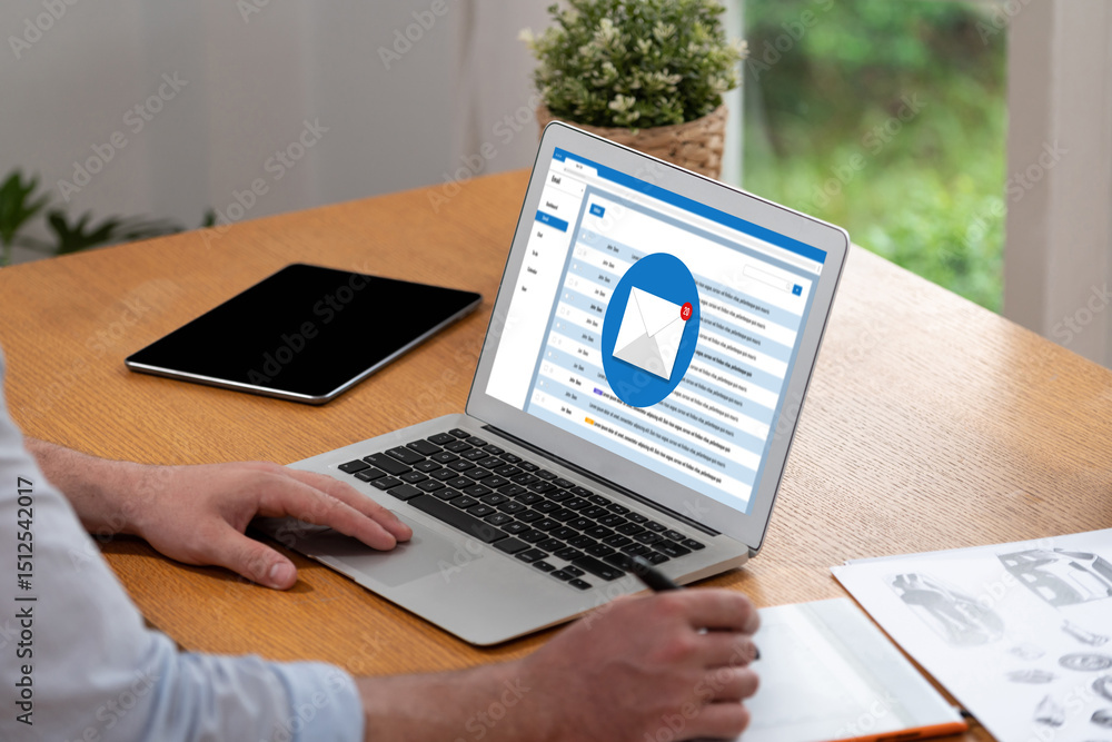 Poster email notification message showing on computer screen brisk. digital marketing message information t