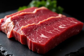 Fototapeta premium Close up view of juicy raw beef steaks with beautiful marbling prepared for cooking