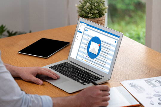 Email notification message showing on computer screen brisk. Digital marketing message information text from business to customer client
