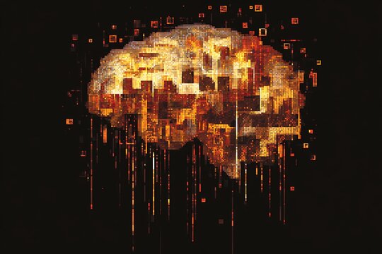 Pixelated brain map crafted from shimmering square nodes and cascading streams of binary code, glitch theme 