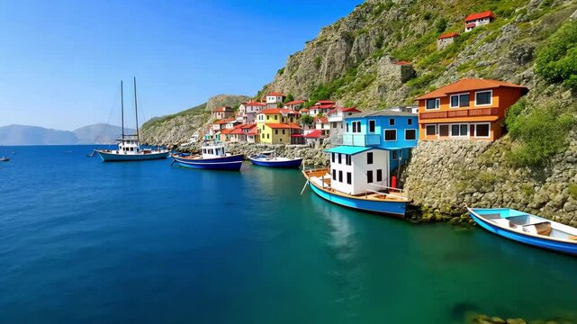Charming Agios Konstantinos beach fishing village in Milos with colorful houses and serene waters, Agios Konstantinos beach fishing village Milos island, Greece