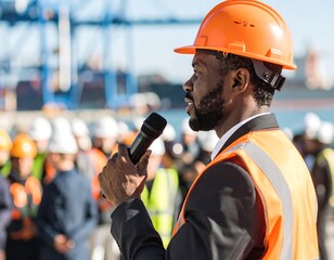 Man in hard hat speaking to a crowd