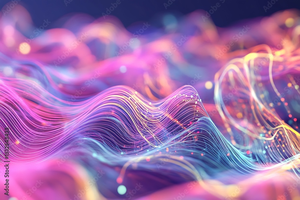 Poster quantum brain network with colorful waves, interconnected nanoscopic circuits and quantum particles