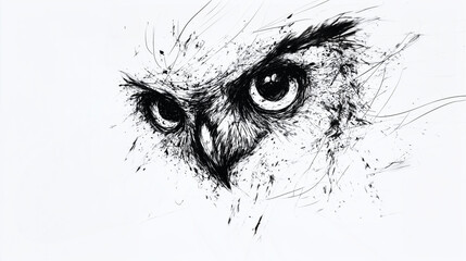 Abstract illustration of owl eyes in black ink on white background  
