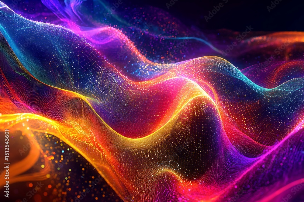 Poster quantum brain network with colorful waves, interconnected nanoscopic circuits and quantum particles