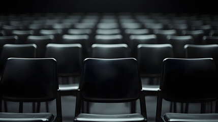 Fototapeta premium Seats of black tribune on sport stadium. empty outdoor arena. concept of fans. chairs for audience. cultural environment concept. color and symmetry. empty seats. modern stadium