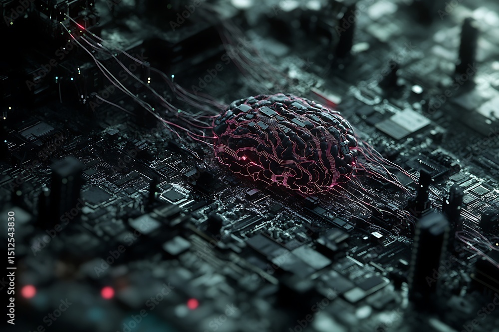 Poster radiant fractal ai brain pattern built from intertwining beams of light and data vortices, abstract 