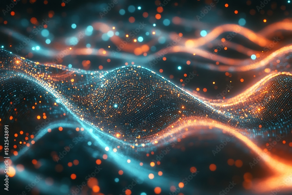 Poster quantum brain network with colorful waves, interconnected nanoscopic circuits and quantum particles