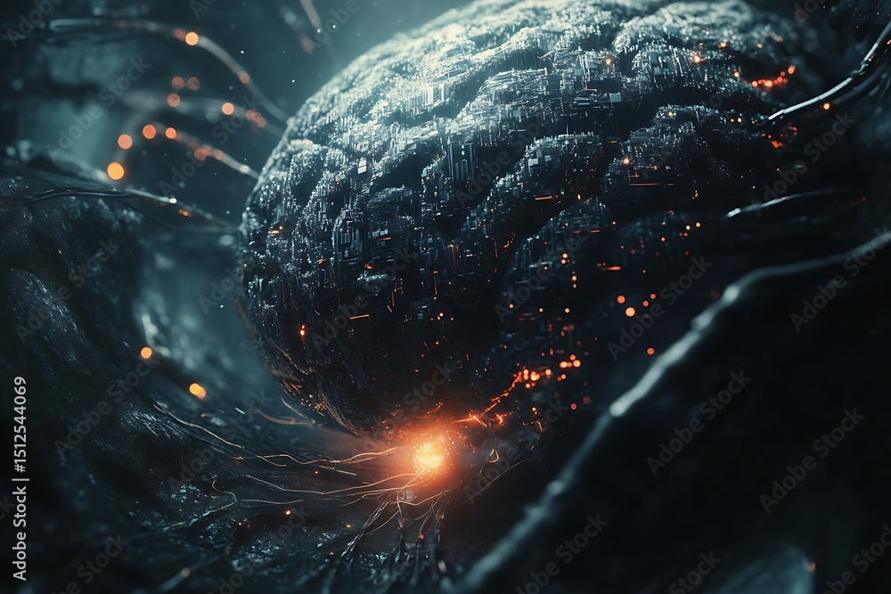Poster radiant fractal ai brain pattern built from intertwining beams of light and data vortices, abstract 