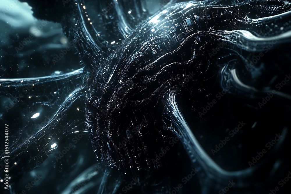 Poster radiant fractal ai brain pattern built from intertwining beams of light and data vortices, abstract 