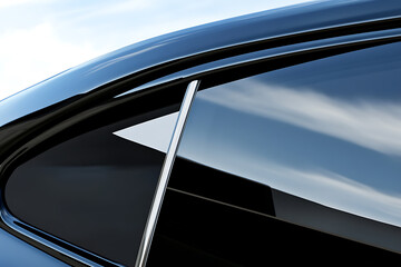 Detail of a modern car design highlighting the sleek lines and reflective surfaces, showcasing automotive aesthetics and contemporary vehicle elements.