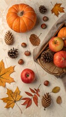Rustic Autumn Arrangement with Pumpkins, Apples, Leaves, and Pinecones