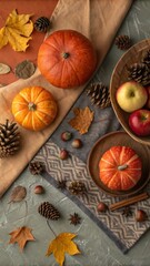 Rustic Autumn Arrangement with Pumpkins, Apples, Leaves, and Pinecones