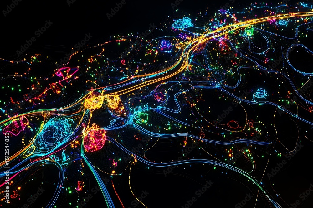 Aufkleber Translucent AI neural map with flowing neon highways and sparkling data clusters in black space 