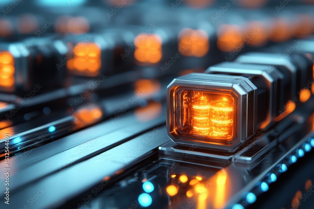 Aufkleber futuristic glowing orange and blue computer components arranged in rows on a metallic surface.