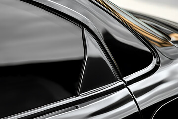 Close-up of the sleek and reflective black car. The car's glossy surface captures light, showcasing its elegant design and impeccable finish. Perfect for car enthusiasts.