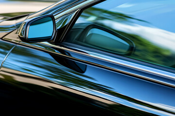 Fototapeta premium Luxury Vehicle Detail: Close-up showcasing the sleek lines, reflective surfaces, and elegant design elements of a sophisticated automobile.