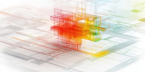 Obraz premium Colorful digital architectural wireframe of a building structure on a white schematic background.
