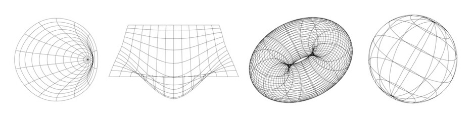 Geometry wireframe shapes and grids black color 3D style cyberpunk elements psychedelic rave style. 00s Y2k retro futuristic aesthetic vector 10 eps