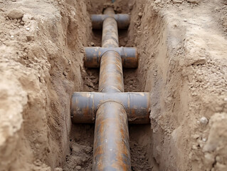 Pipes installed in a trench, featuring T-shaped connections, set against a backdrop of soil and earth, forming an underground utility infrastructure.