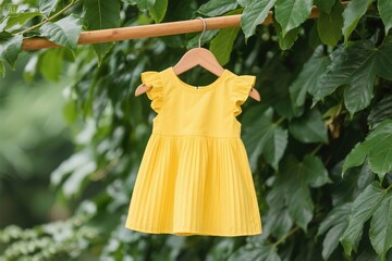 Yellow Pleated Child's Dress Hanging on Wooden Hanger with Green Leaves
