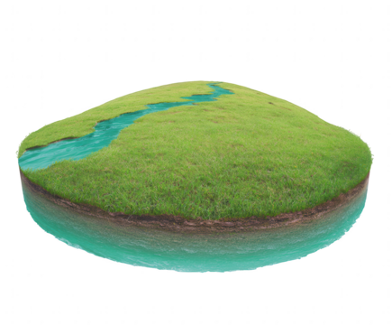 3D Green grassy island with river cross section isolated on transparent background